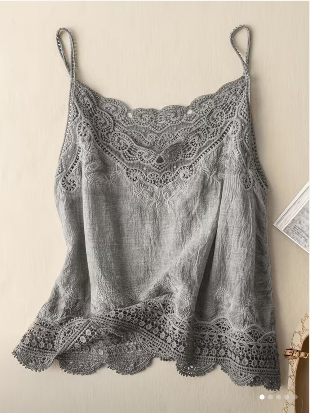 Lace-Trim Hollow Out Suspender Tank Top - Gray